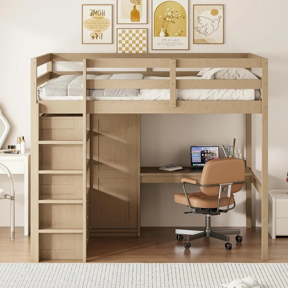 Designs Full Size Loft Bed with Desk & Wardrobe, Wood Full Loft Bunk Bed with Storage Shelves and Drawer