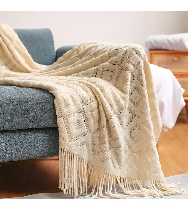 Knitted Blanket with Tassel Fashional Jacquard Small Blanket Diamond Shaped American Casual Blanket For Home Bed Travel Nap