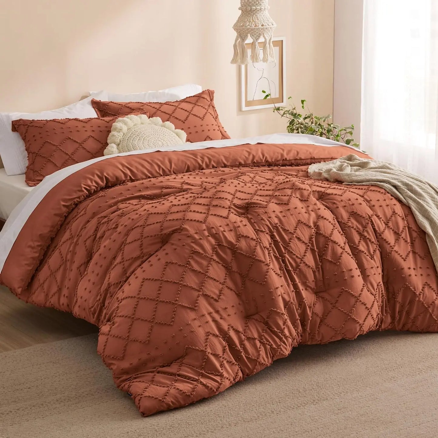 Bedsure Comforter Set - Coral Pink Boho Tufted Shabby Chic Bedding Comforter Set, Vintage Farmhouse Bed Set for All Seasons