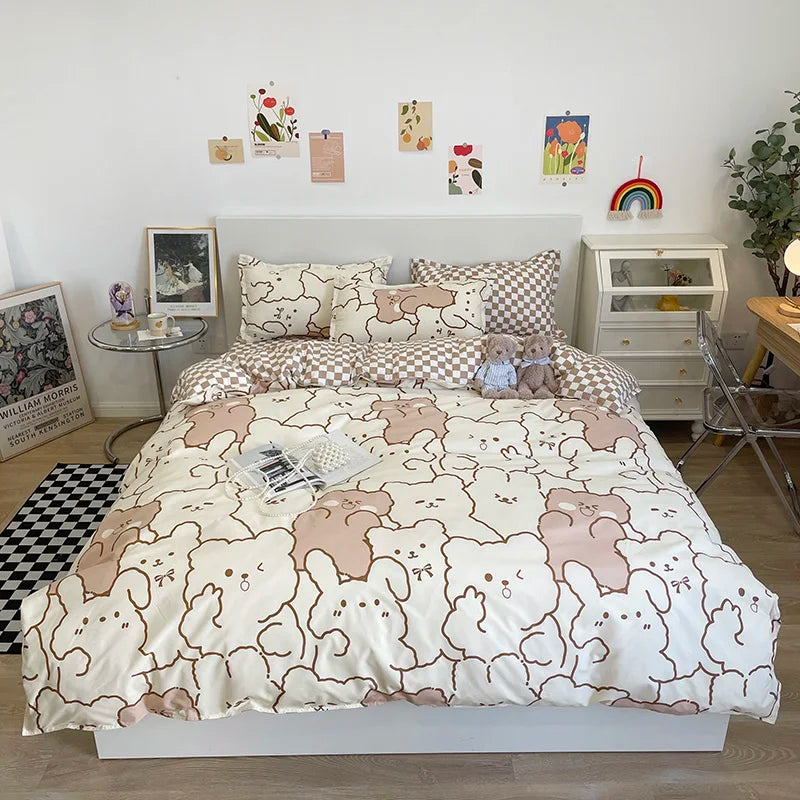 Kawaii Bear Printed Bed Set Floral Duvet Cover Pillowcase Bedding Set Comforter Bed Linen Sheet Quilt Cover Full Queen King Size