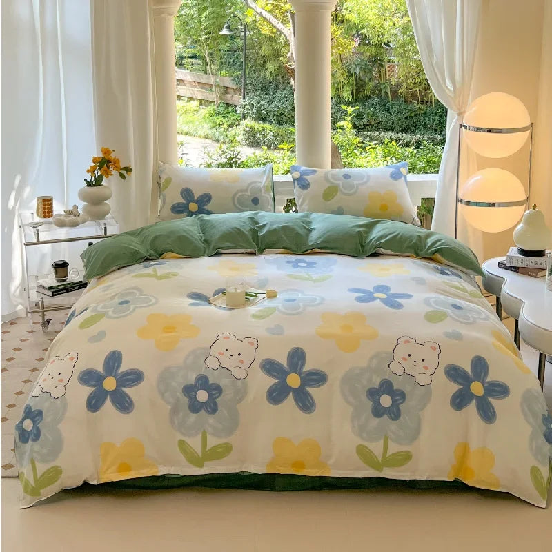 Kawaii Bear Printed Bed Set Floral Duvet Cover Pillowcase Bedding Set Cute Dog Bed Linen Sheet Quilt Cover Full Queen King Size