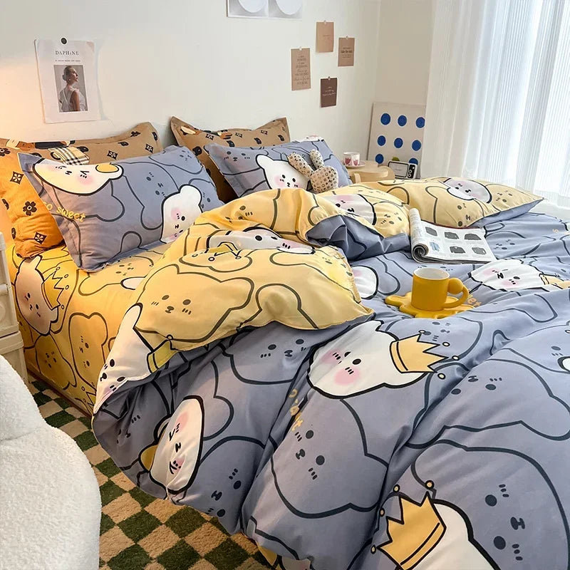 Kawaii Bear Printed Bed Set Floral Duvet Cover Pillowcase Bedding Set Cute Dog Bear Bed Linen Sheet Quilt Full Queen King Size