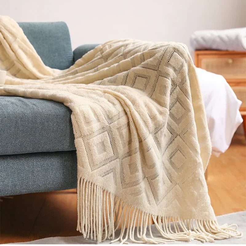 Knitted Blanket with Tassel Fashional Jacquard Small Blanket Diamond Shaped American Casual Blanket For Home Bed Travel Nap