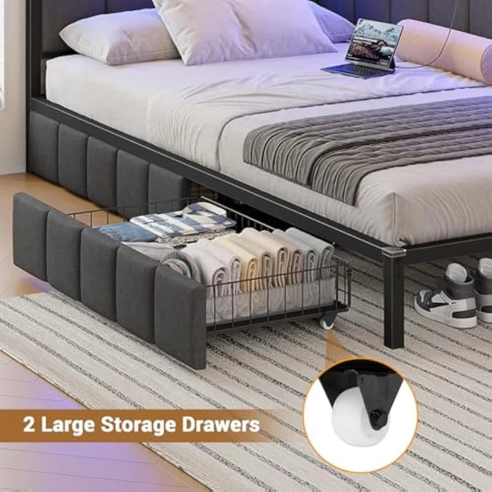 Modern Corner Bed Frame with LED Lights and Charging Station, Double Bed with Storage Space