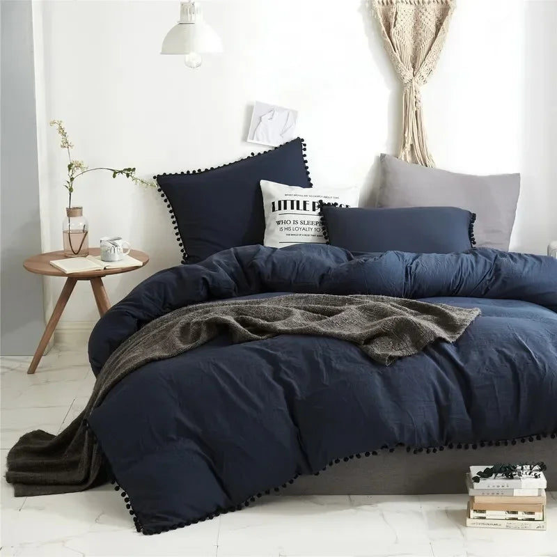 Solid Color Soft Washed Duvet Cover 3 Pieces Set Pillowcase Bedding Set for Twin Full Queen King Size Cute Pom-pom Decoration