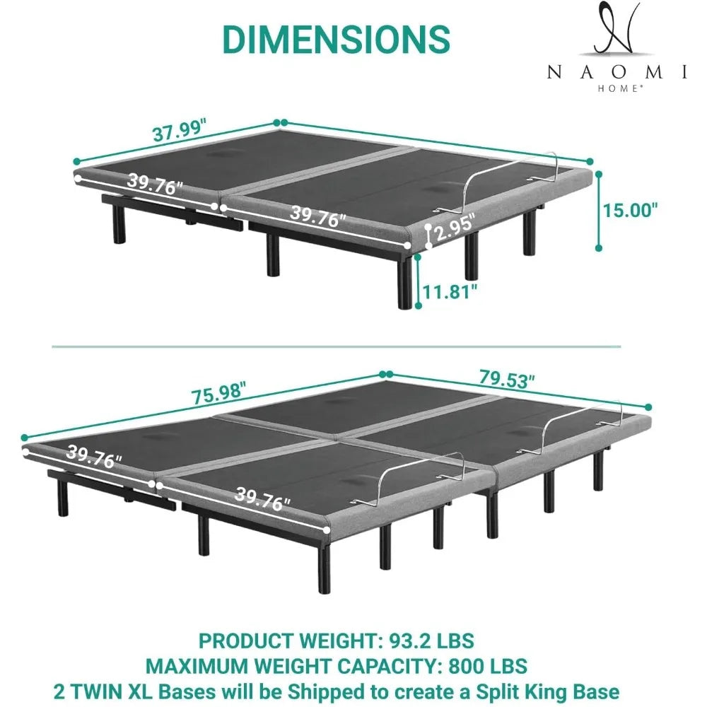 Split type extra large adjustable bed frame, massage bed with lumbar support and head tilt, USB port, wireless remote control