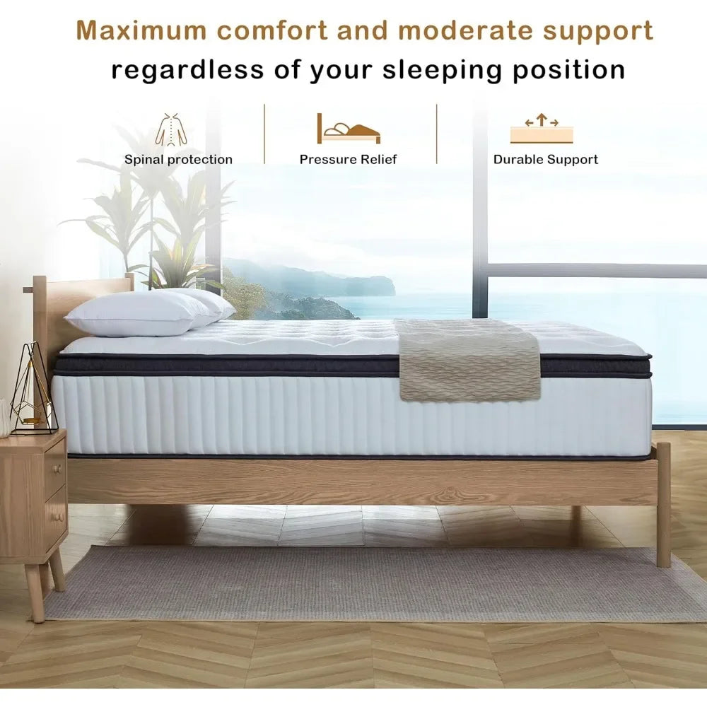 Queen Mattress, 12 Inch Innerspring Hybrid Mattres in a Box with Gel Memory Foam, Pressure Relief Spring Mattress