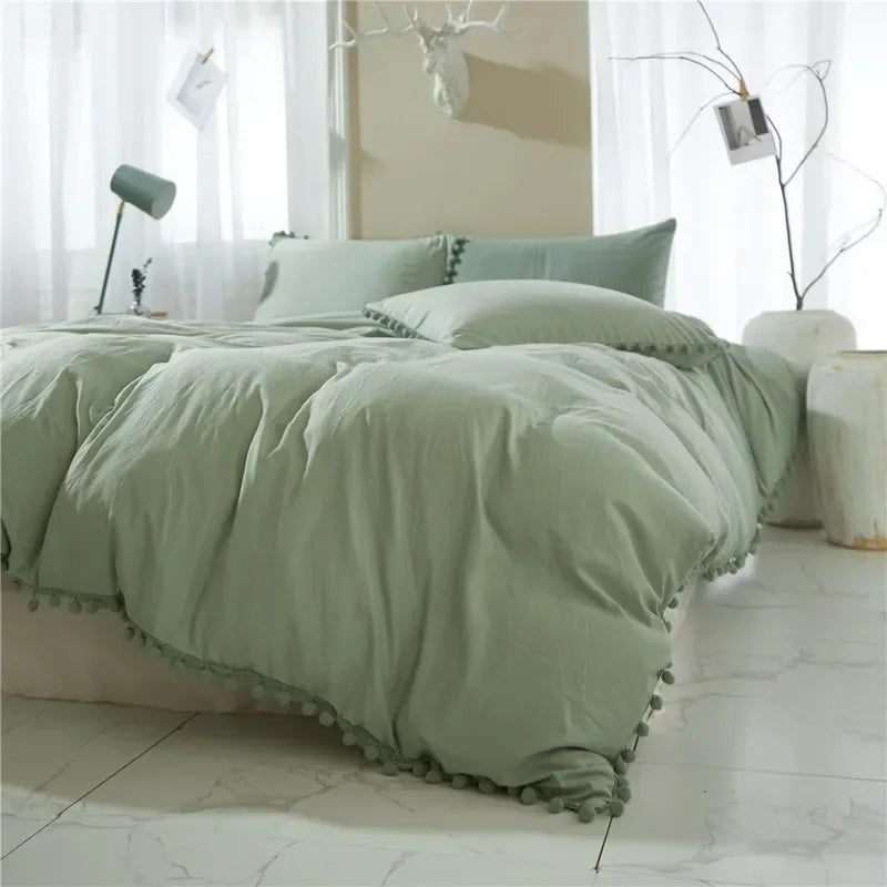 Solid Color Soft Washed Duvet Cover 3 Pieces Set Pillowcase Bedding Set for Twin Full Queen King Size Cute Pom-pom Decoration