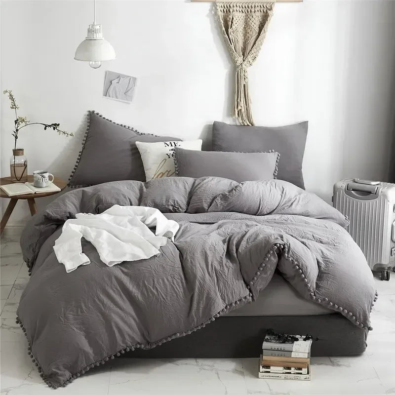 Solid Color Soft Washed Duvet Cover 3 Pieces Set Pillowcase Bedding Set for Twin Full Queen King Size Cute Pom-pom Decoration