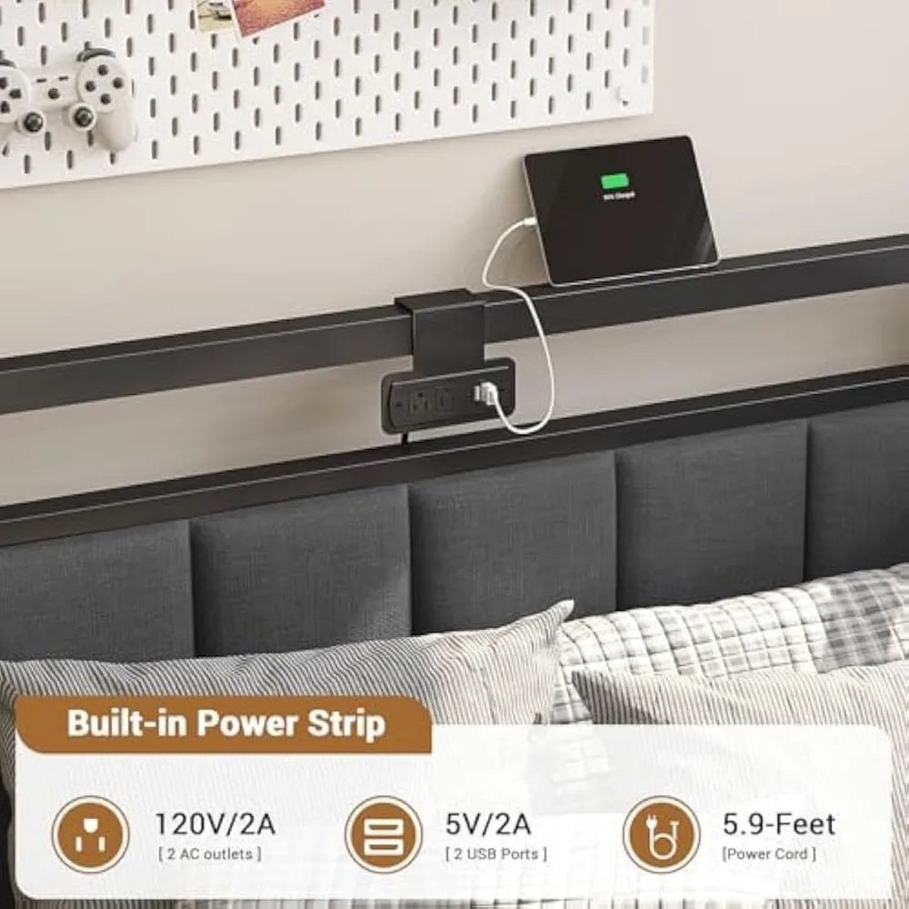 Modern Corner Bed Frame with LED Lights and Charging Station, Double Bed with Storage Space