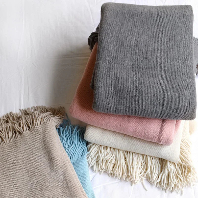 Nordic Knitted Tassels Fringe Blankets Lightweight Throw Solid Blanket Cozy Farmhouse Gift All Season Comfort For Home Travel
