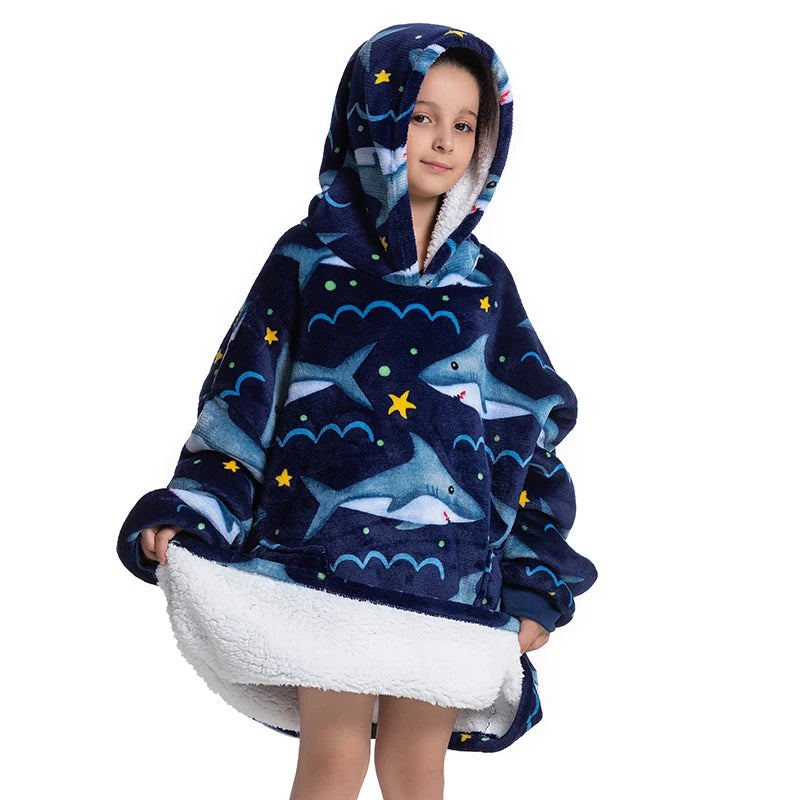 Oversized Wearale Blanket Hoodie Flannel Sherpa Fleece Warm Soft Winter Hoodie Sweatshirt for Kids Adults Snuggle