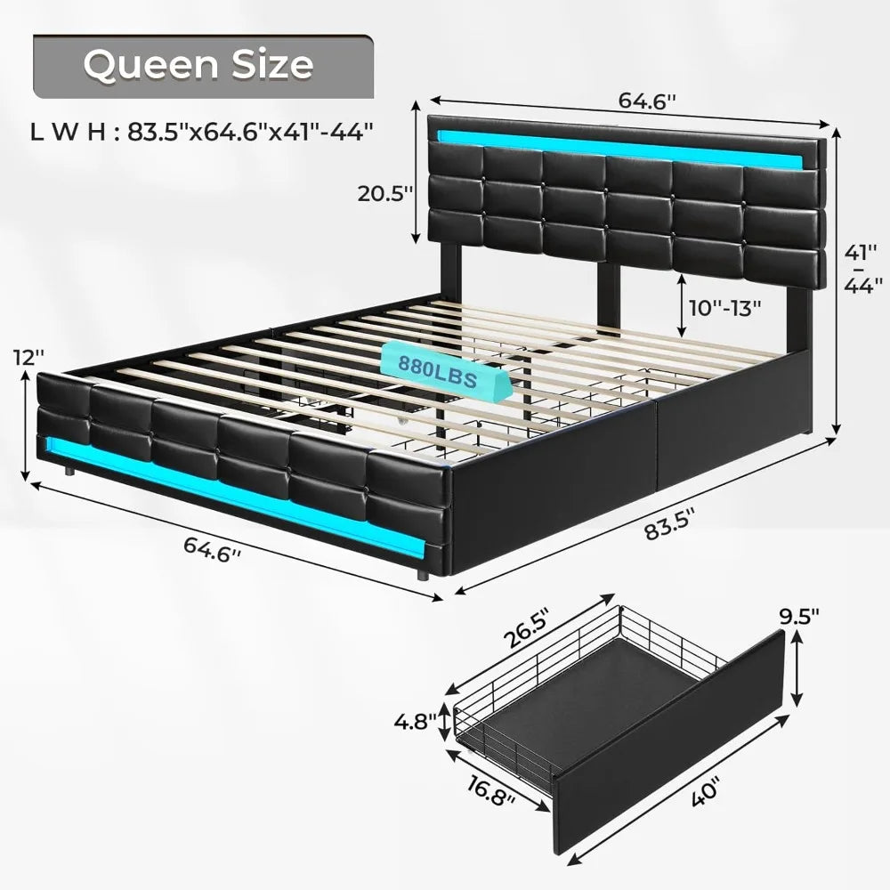 Large Bed Frame with LED Lights, Leather Platform Bed, Equipped with Storage Drawers and Charging Station