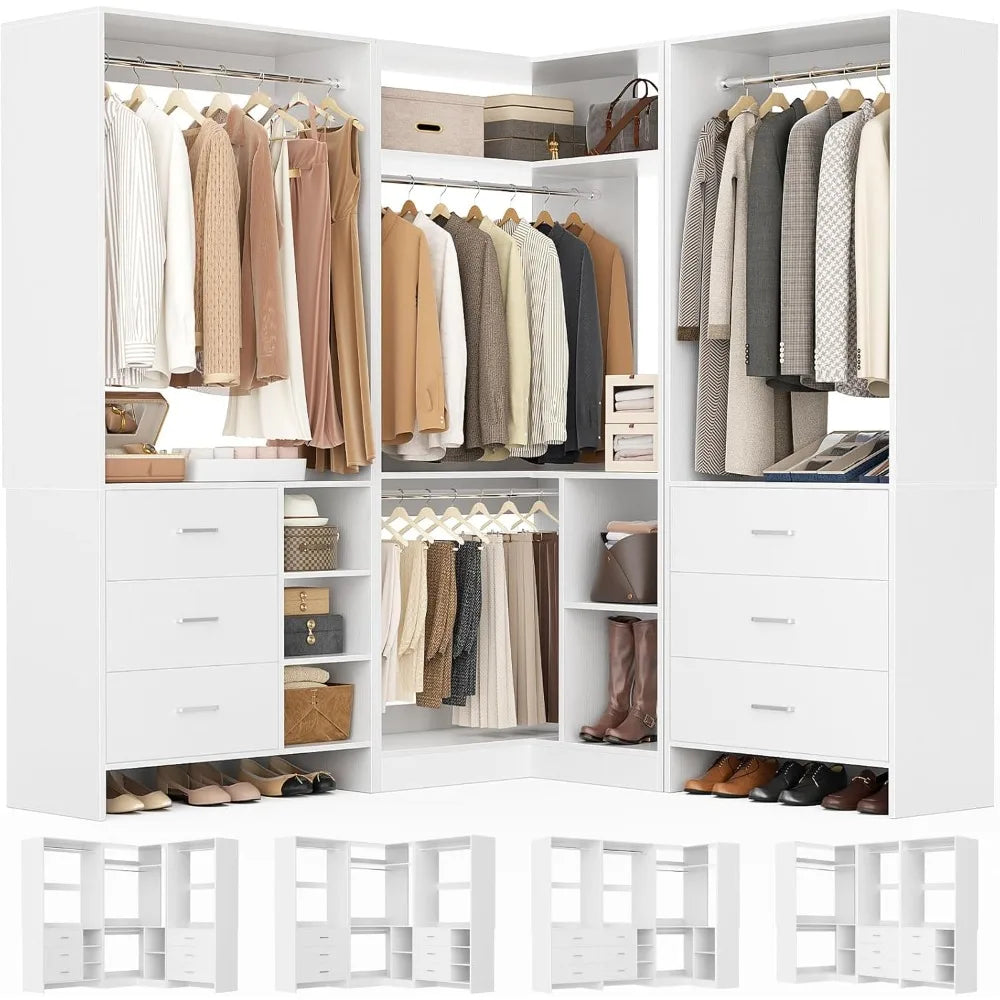 Closet System with 3 Sets, 86.8" Closet Organizer System with 6 Drawers & 4 Hanging Rods, Wardrobe