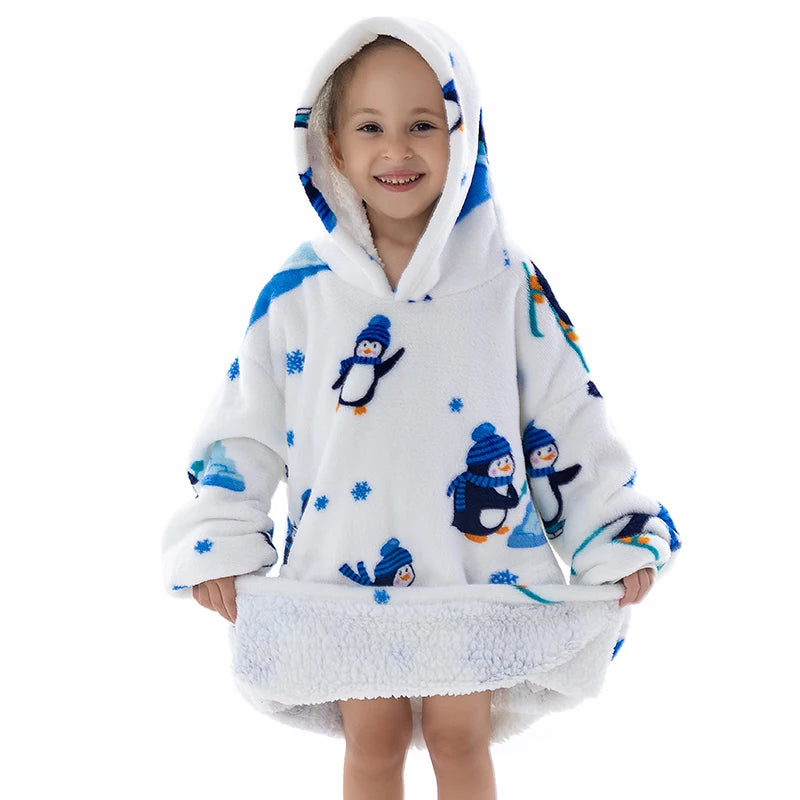 Oversized Wearale Blanket Hoodie Flannel Sherpa Fleece Warm Soft Winter Hoodie Sweatshirt for Kids Adults Snuggle
