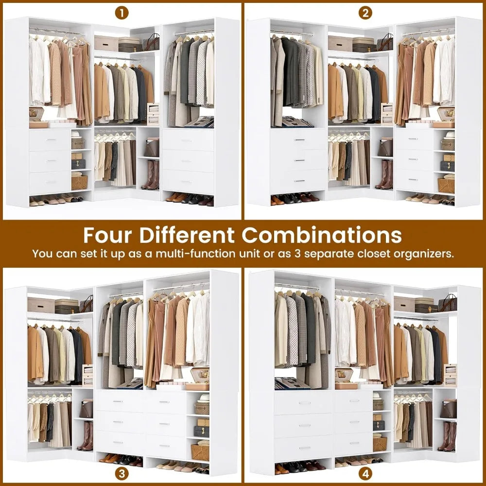 Closet System with 3 Sets, 86.8" Closet Organizer System with 6 Drawers & 4 Hanging Rods, Wardrobe