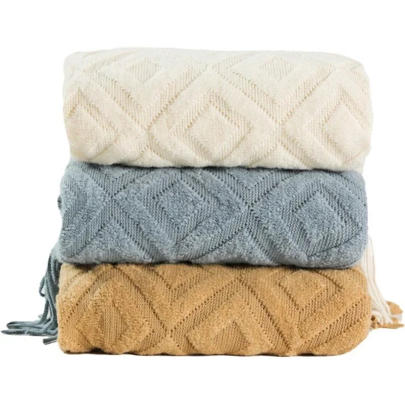 Knitted Blanket with Tassel Fashional Jacquard Small Blanket Diamond Shaped American Casual Blanket For Home Bed Travel Nap