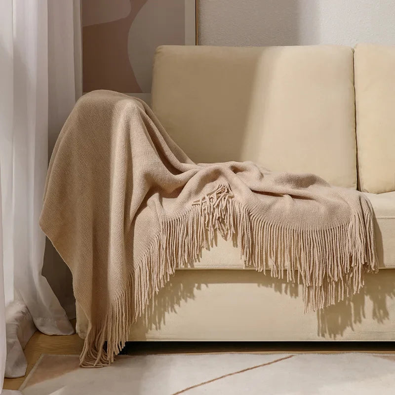 Nordic Knitted Tassels Fringe Blankets Lightweight Throw Solid Blanket Cozy Farmhouse Gift All Season Comfort For Home Travel