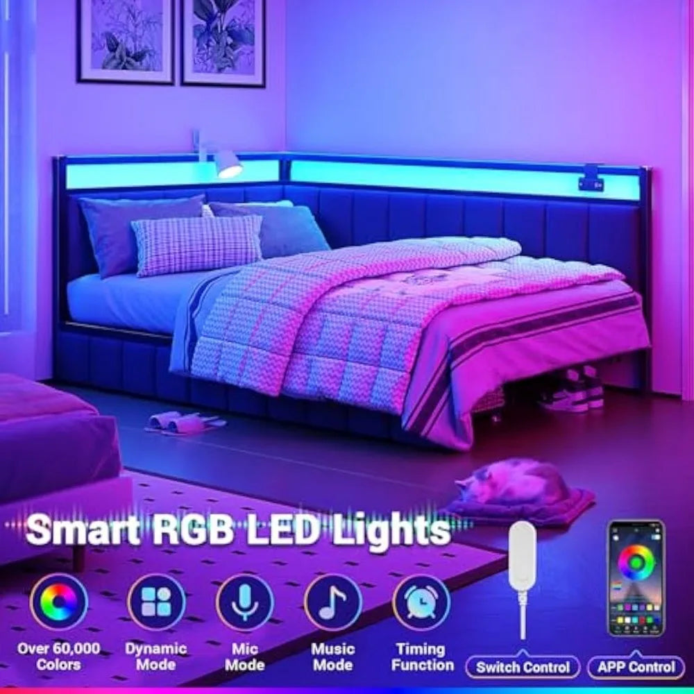 Modern Corner Bed Frame with LED Lights and Charging Station, Double Bed with Storage Space