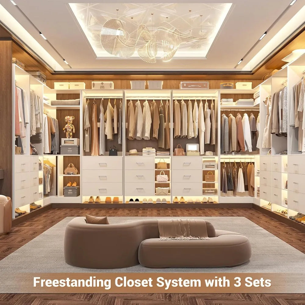 Closet System with 3 Sets, 86.8" Closet Organizer System with 6 Drawers & 4 Hanging Rods, Wardrobe