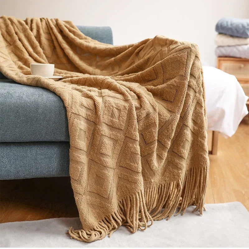 Knitted Blanket with Tassel Fashional Jacquard Small Blanket Diamond Shaped American Casual Blanket For Home Bed Travel Nap