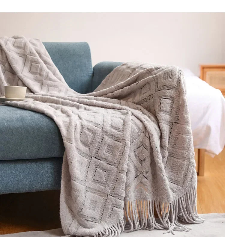 Knitted Blanket with Tassel Fashional Jacquard Small Blanket Diamond Shaped American Casual Blanket For Home Bed Travel Nap