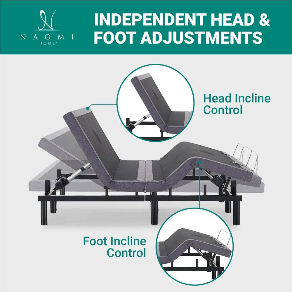 Split type extra large adjustable bed frame, massage bed with lumbar support and head tilt, USB port, wireless remote control