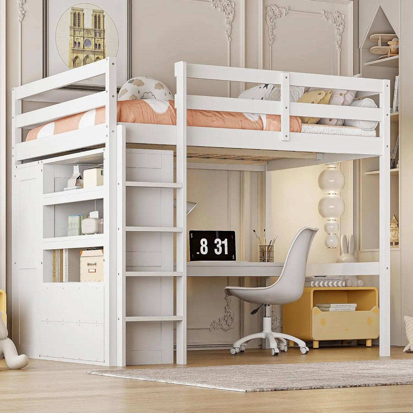 Designs Full Size Loft Bed with Desk & Wardrobe, Wood Full Loft Bunk Bed with Storage Shelves and Drawer