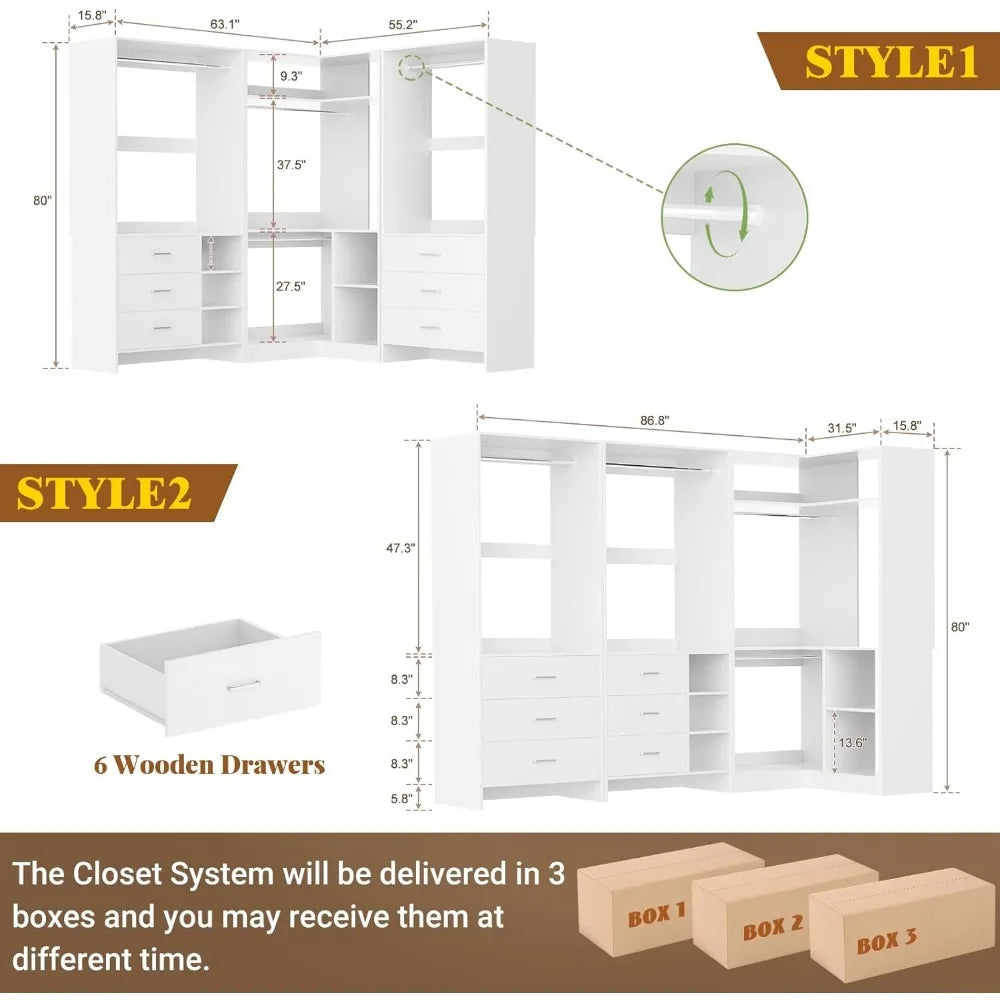 Closet System with 3 Sets, 86.8" Closet Organizer System with 6 Drawers & 4 Hanging Rods, Wardrobe