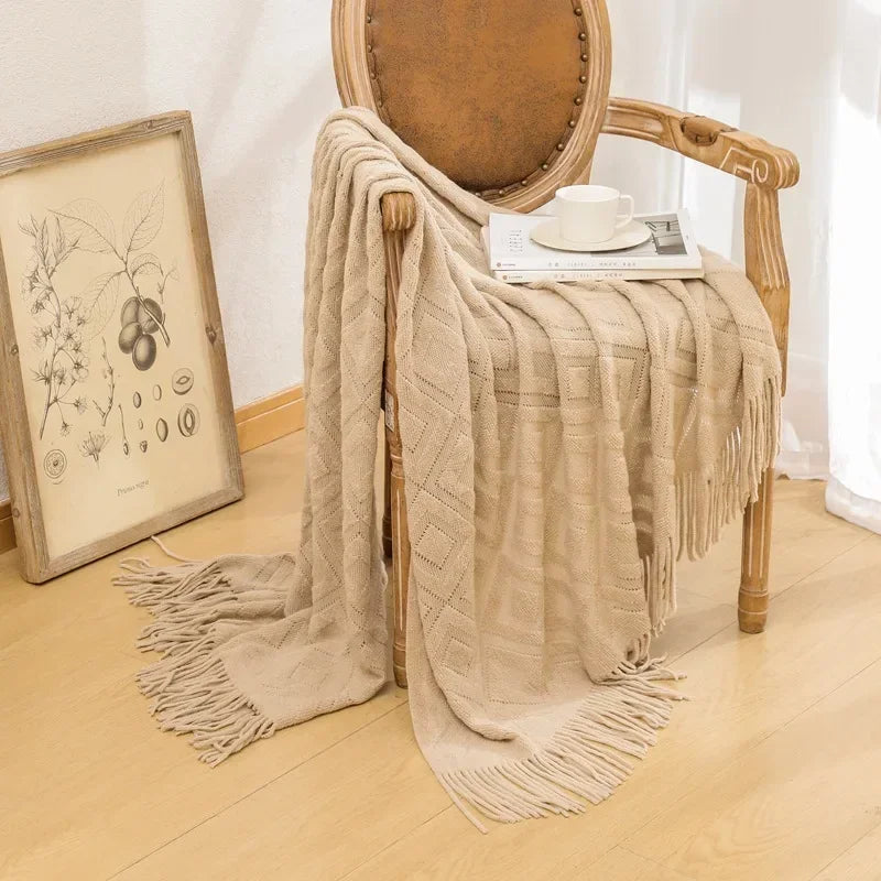 Knitted Blanket with Tassel Fashional Jacquard Small Blanket Diamond Shaped American Casual Blanket For Home Bed Travel Nap