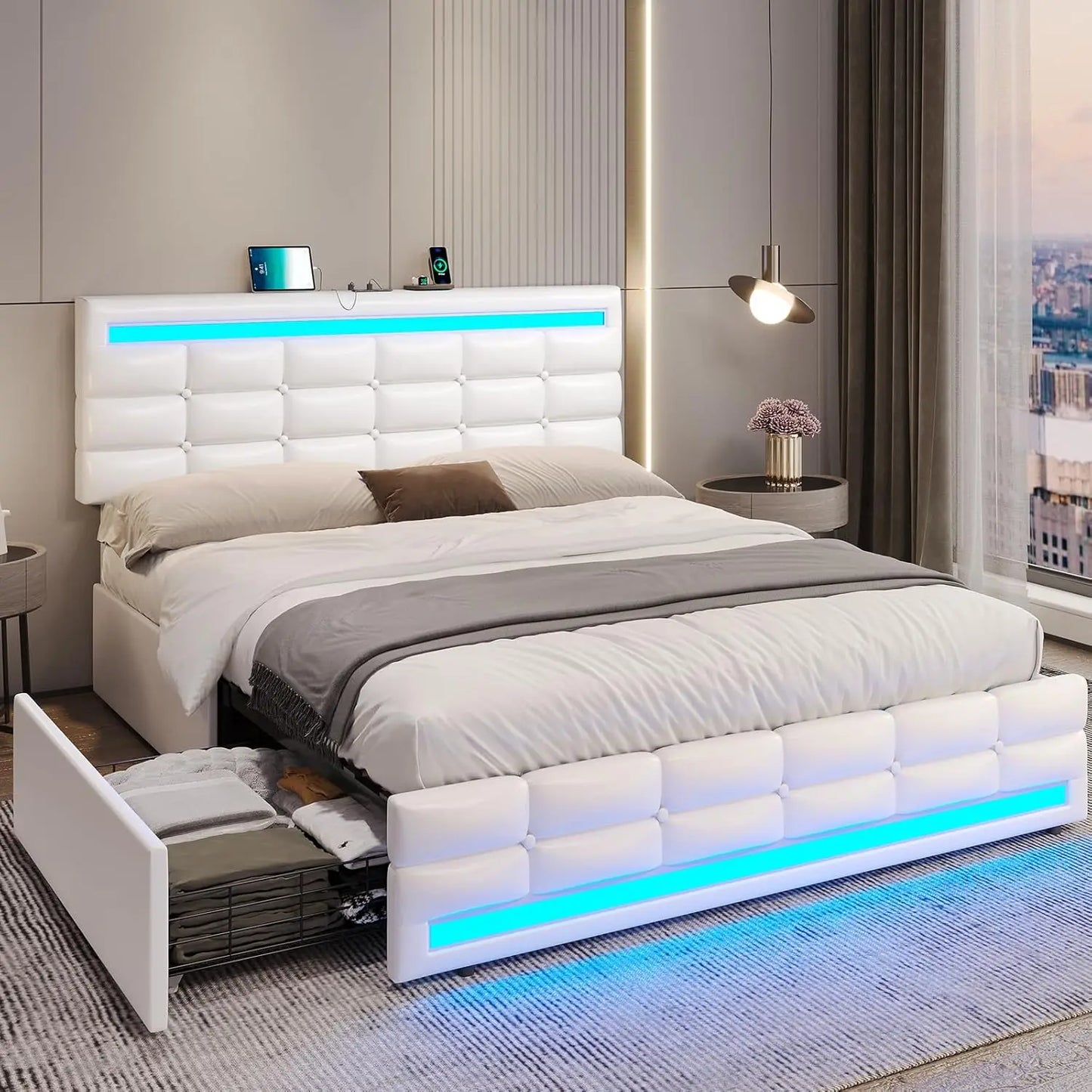Large Bed Frame with LED Lights, Leather Platform Bed, Equipped with Storage Drawers and Charging Station