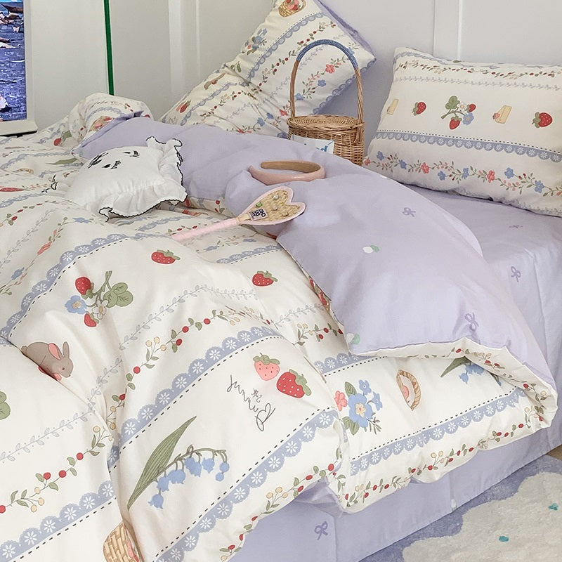 Juego de cama de cuatro piezas de algodón puro para dormitorio de estudiantes con funda nórdica y sábanas