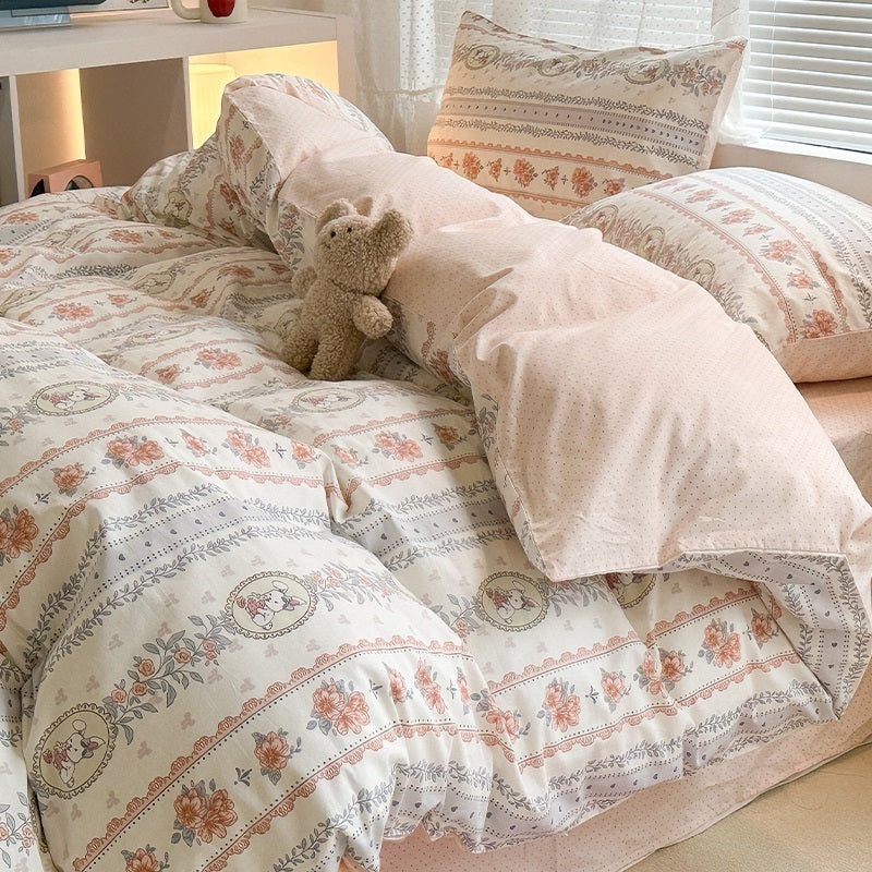 Juego de cama de cuatro piezas de algodón puro para dormitorio de estudiantes con funda nórdica y sábanas