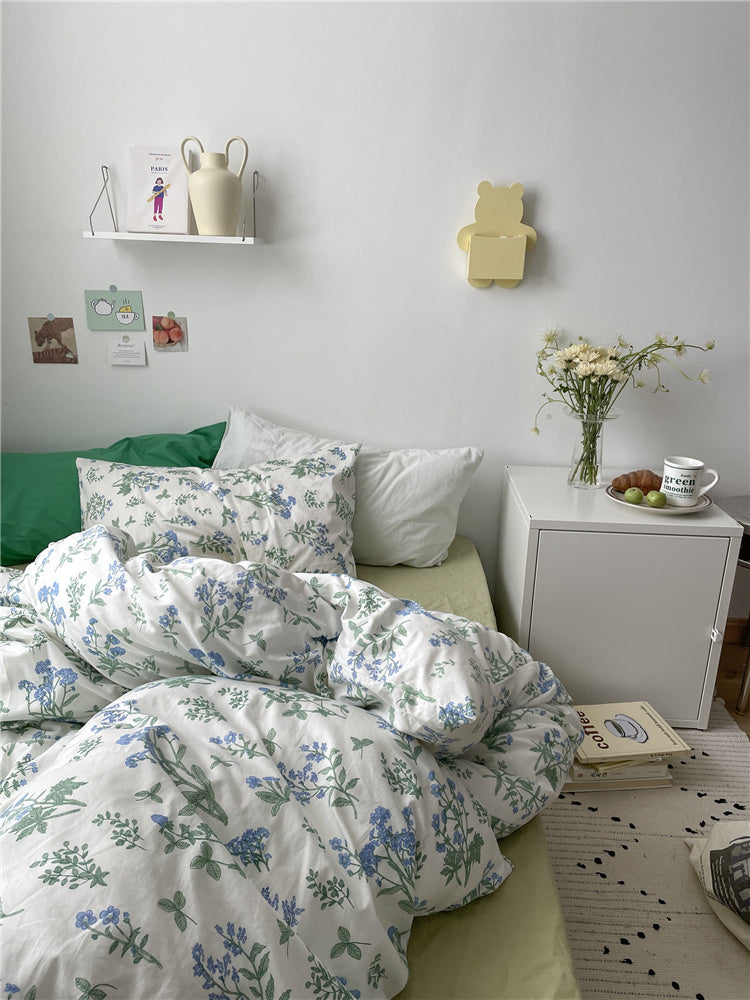 Juego de cama de algodón con estampado floral pequeño, estilo coreano, cuatro piezas