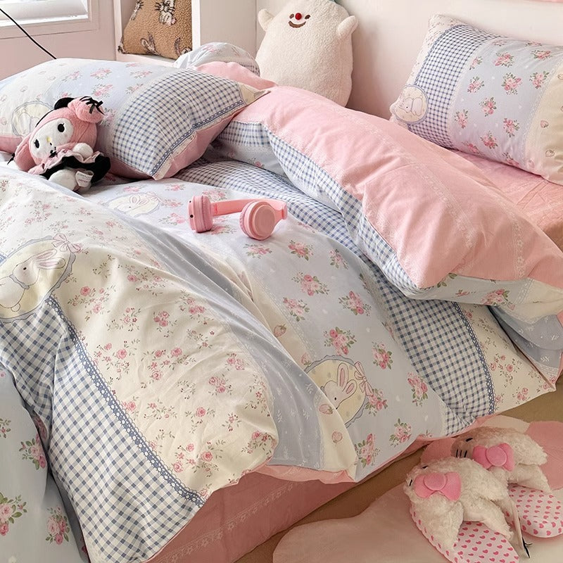 Juego de cama de cuatro piezas de algodón puro para dormitorio de estudiantes con funda nórdica y sábanas