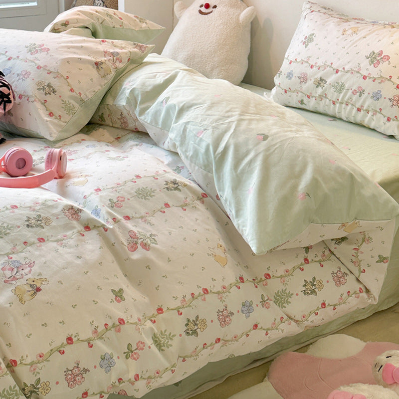 Juego de cama de cuatro piezas de algodón puro para dormitorio de estudiantes con funda nórdica y sábanas