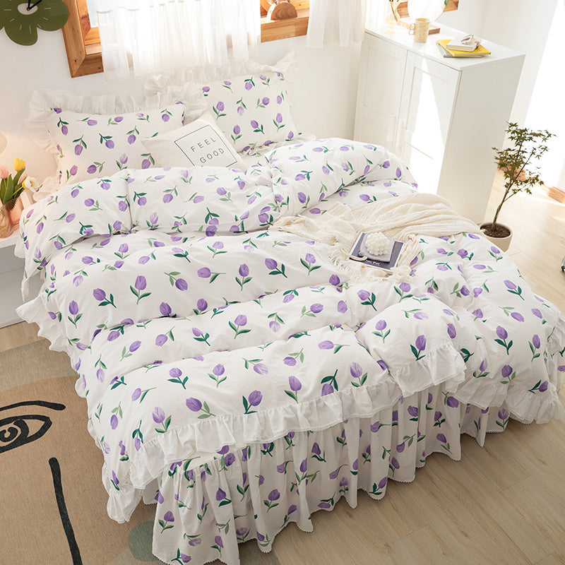 Juego de cuatro faldas de cama con estampado floral pequeño, versión coreana