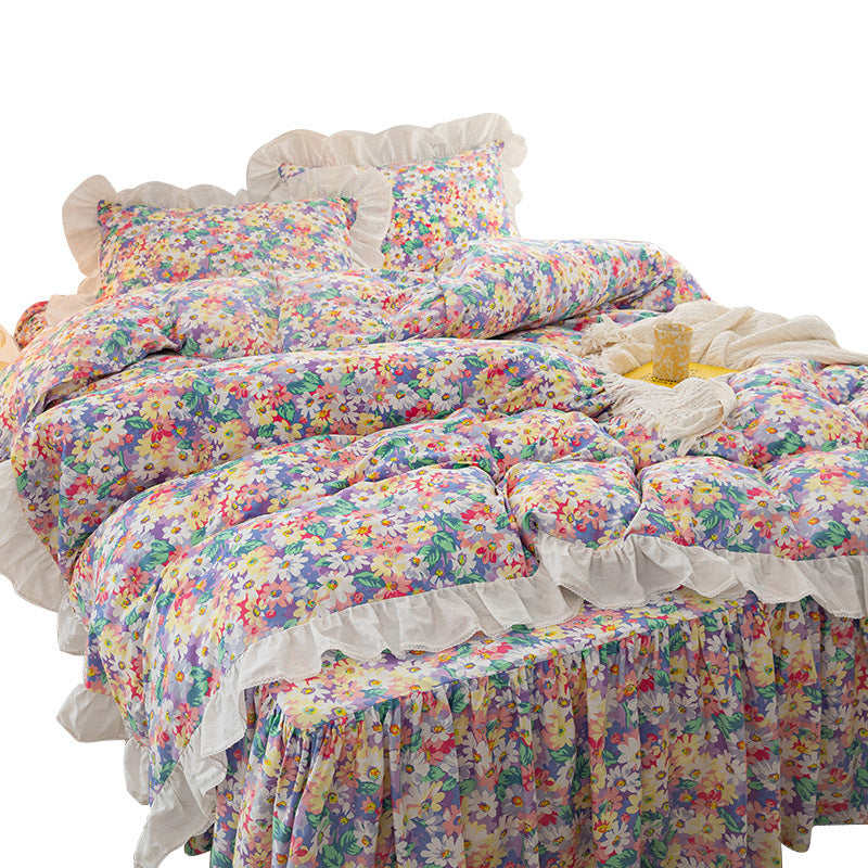Juego de cuatro faldas de cama con estampado floral pequeño, versión coreana