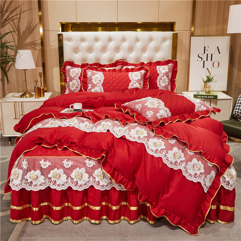 Falda de cama de encaje estilo princesa de Tencel, traje de cuatro piezas