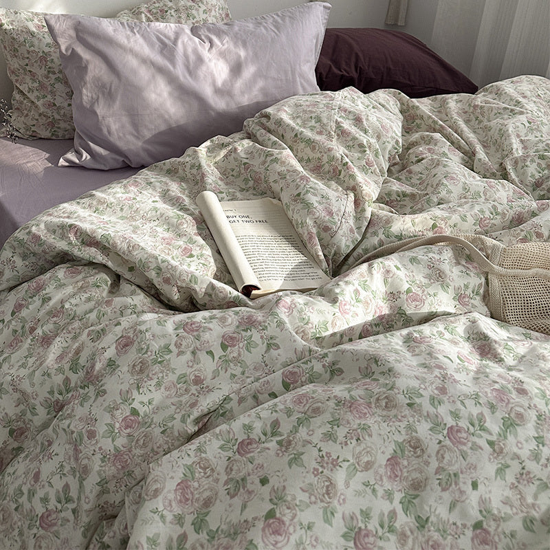 Juego de cama de algodón con estampado floral de jardín, 4 piezas, para niña, de verano