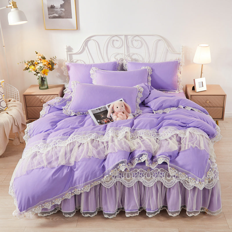 Falda de cama estilo coreano de princesa con diseño de viento, funda nórdica de encaje de cuatro piezas, colcha