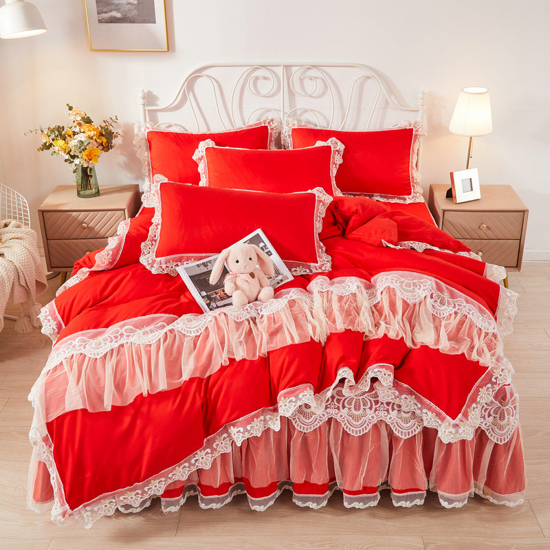 Falda de cama estilo coreano de princesa con diseño de viento, funda nórdica de encaje de cuatro piezas, colcha