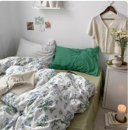 Juego de cama de algodón con estampado floral pequeño, estilo coreano, cuatro piezas