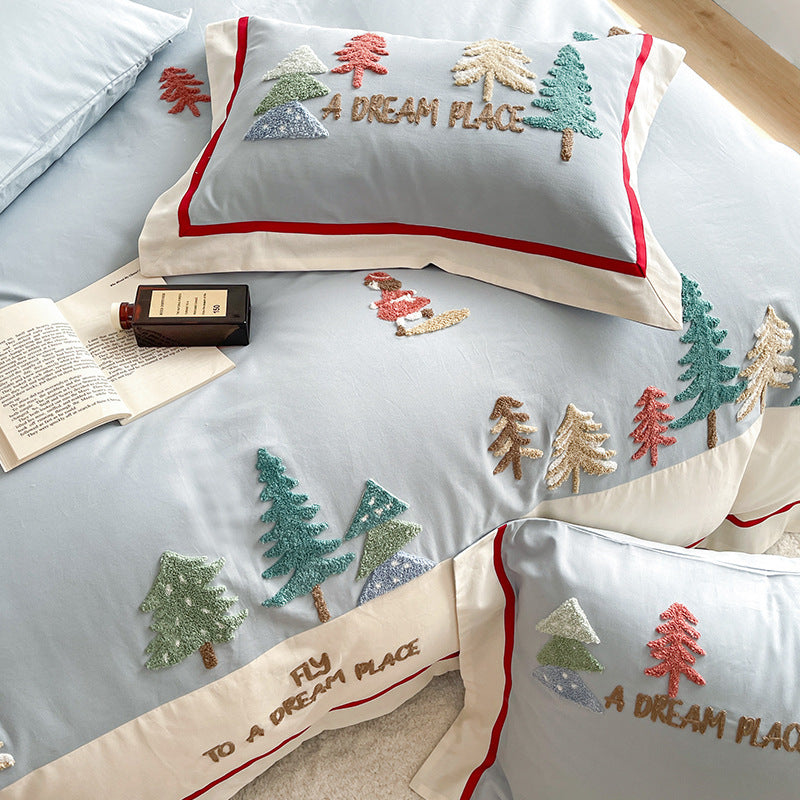 Toalla tridimensional bordada de algodón lijado de cuatro piezas estilo dibujos animados otoño e invierno engrosamiento de algodón para niños ropa de cama al por mayor