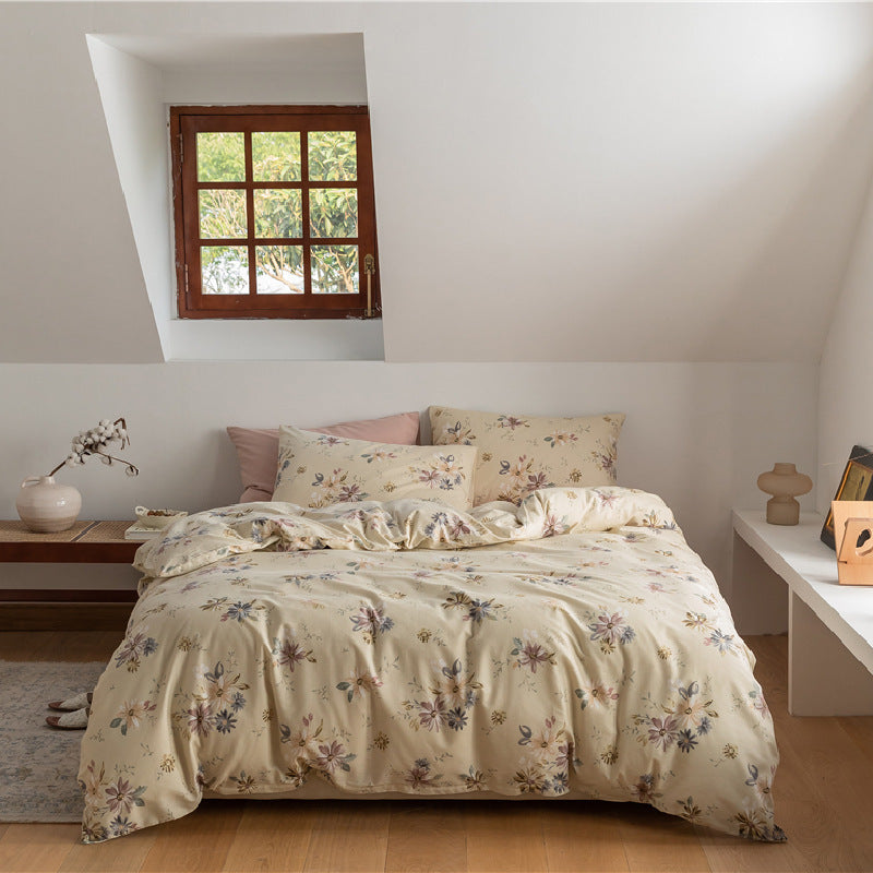 Ensemble de quatre pièces de literie en coton à motif floral rétro coréen