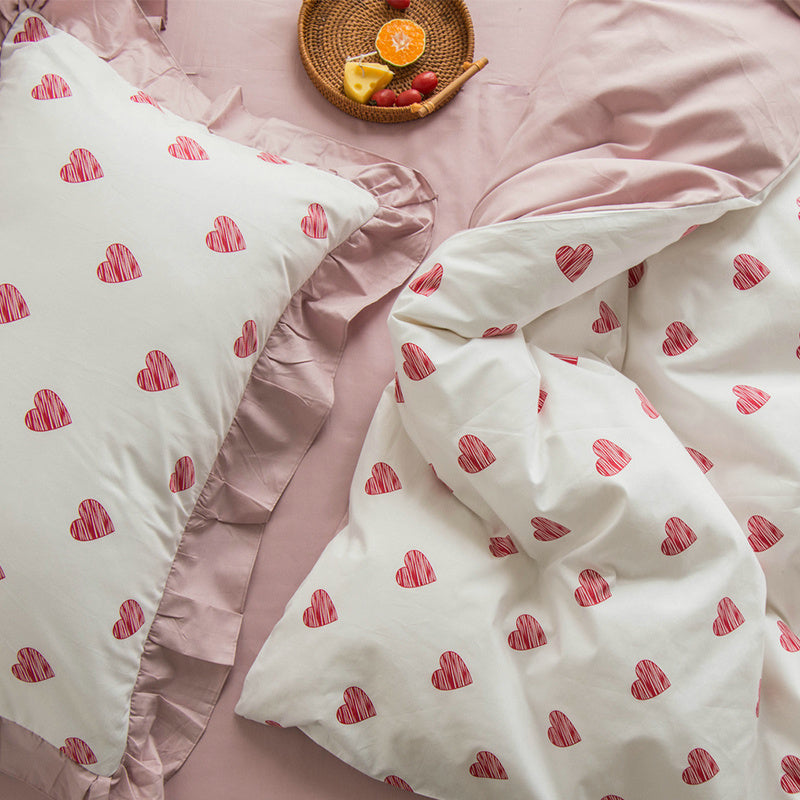 Ensemble de quatre pièces avec housse de couette et drap motif amour coréen