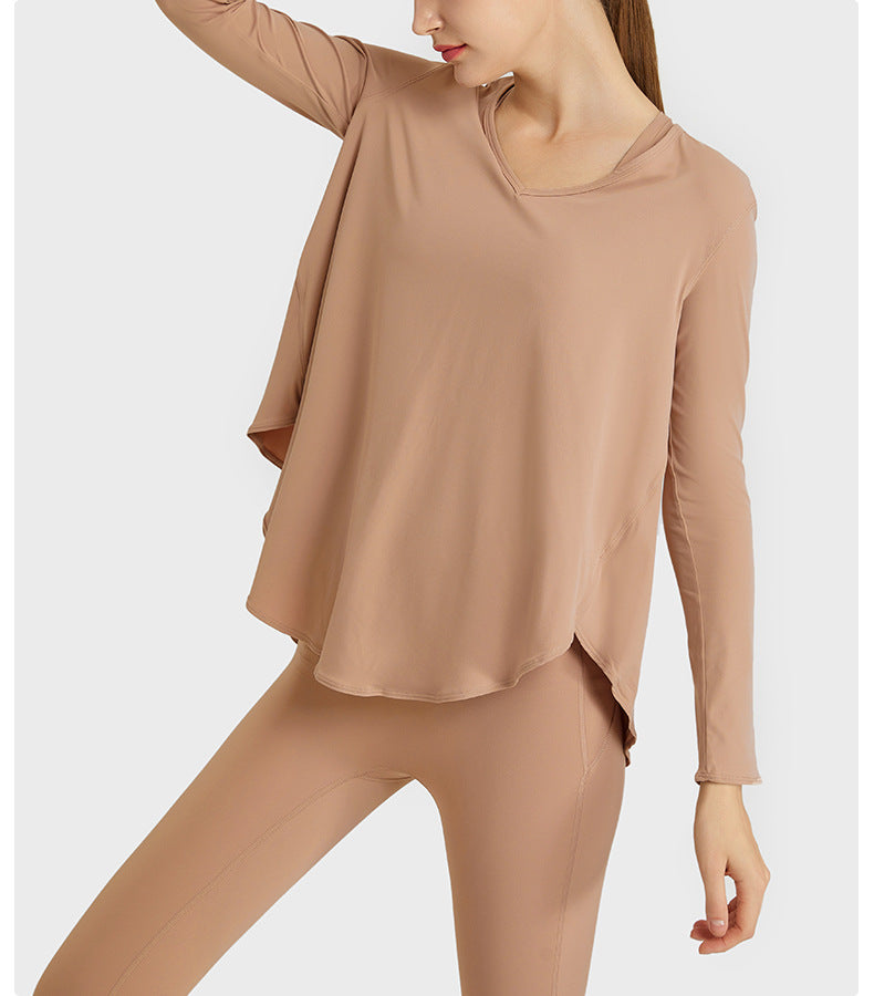 Top de yoga ligero, fino, suelto, que absorbe la humedad, para entrenamiento, adelgazante, con cobertura abdominal, asimétrico e irregular, de secado rápido, de manga larga.