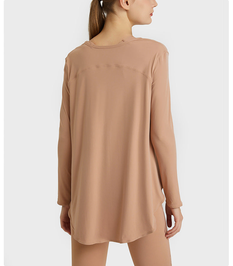 Top de yoga ligero, fino, suelto, que absorbe la humedad, para entrenamiento, adelgazante, con cobertura abdominal, asimétrico e irregular, de secado rápido, de manga larga.