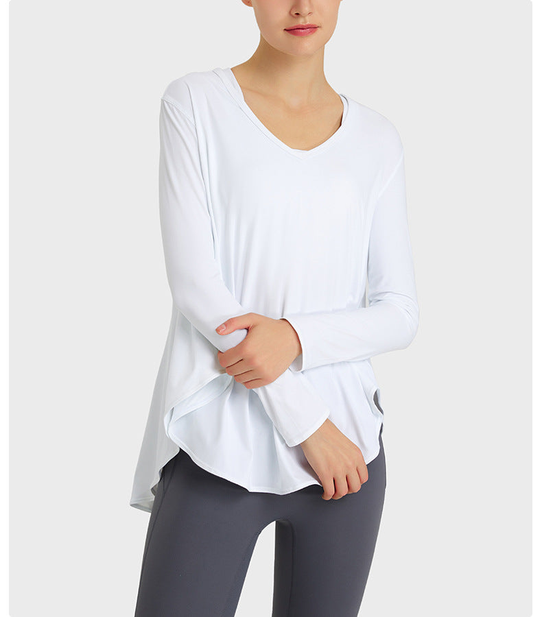 Top de yoga ligero, fino, suelto, que absorbe la humedad, para entrenamiento, adelgazante, con cobertura abdominal, asimétrico e irregular, de secado rápido, de manga larga.