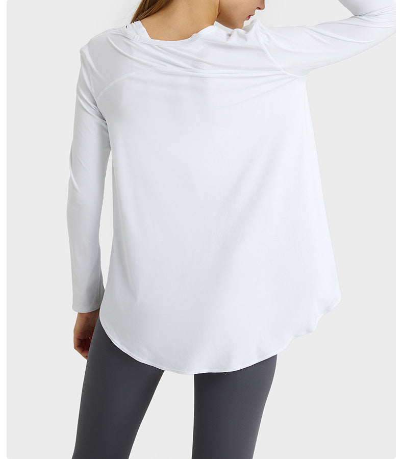 Top de yoga ligero, fino, suelto, que absorbe la humedad, para entrenamiento, adelgazante, con cobertura abdominal, asimétrico e irregular, de secado rápido, de manga larga.